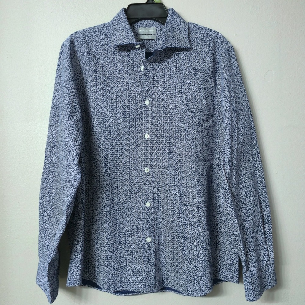 Michael Kors Mens Slim Fit Stretch Floral Button Down Navy Blue L 16.5 32/33